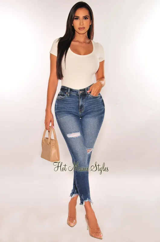 Dark Blue Denim Distressed High Waist Frayed Hem Jeans sold by Hot Miami Styles