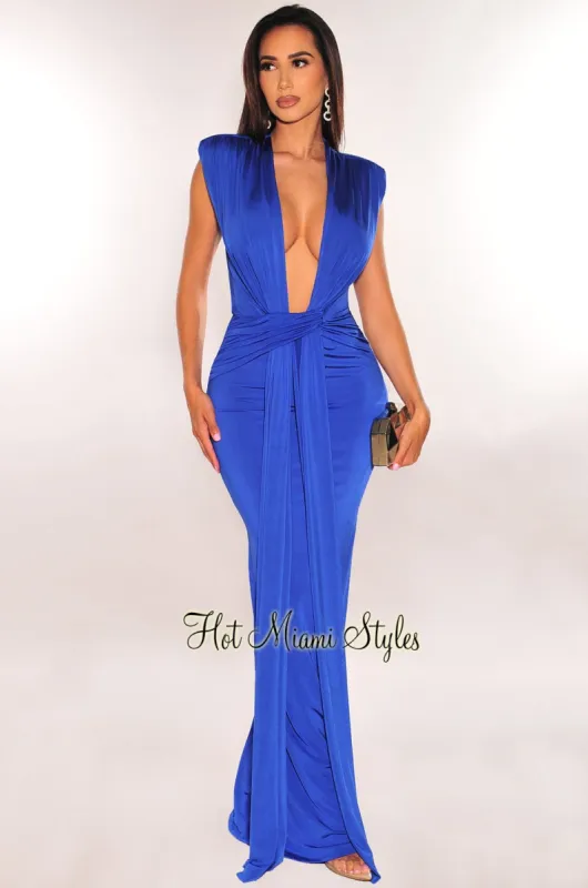 Royal Blue Silky Plunge Padded Shoulder Draped Maxi Dress sold by Hot Miami Styles