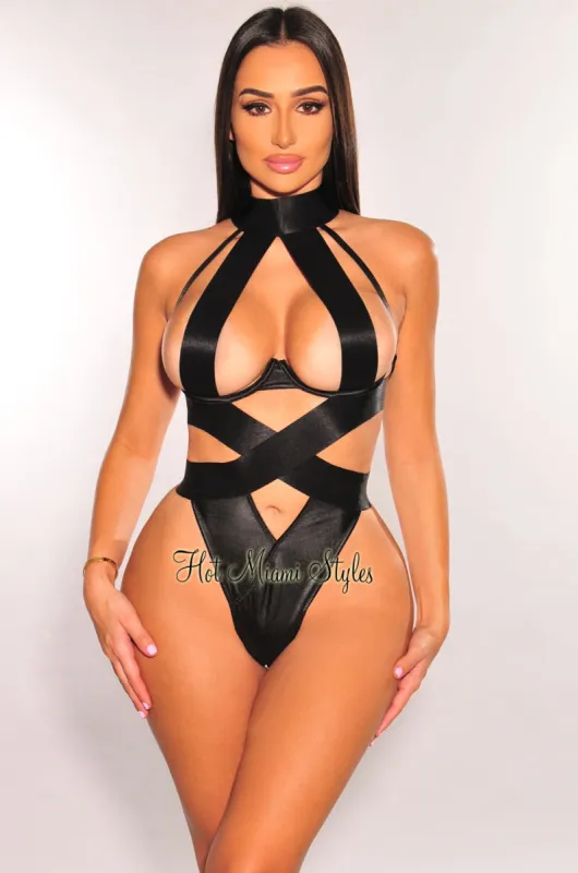Black Mock Neck Underwire Strappy Cut Out High Cut Bodysuit Lingerie sold by Hot Miami Styles