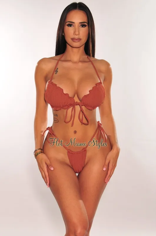 Latte Ribbed Padded Ruffle Tie Up Bikini sold by Hot Miami Styles