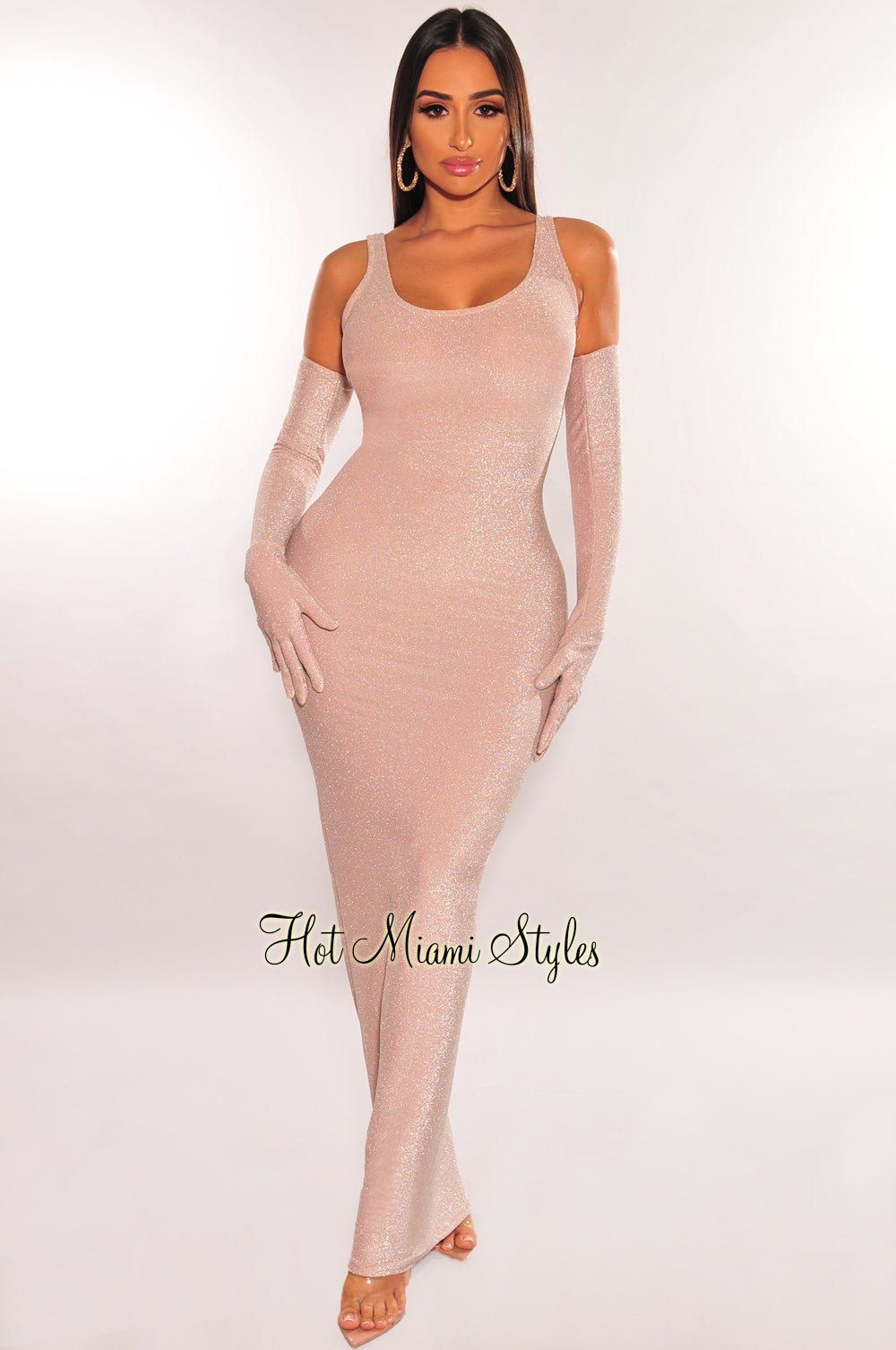 Blush Shimmery Sleeveless Scoop Back Midi Dress + Gloves sold by Hot Miami Styles