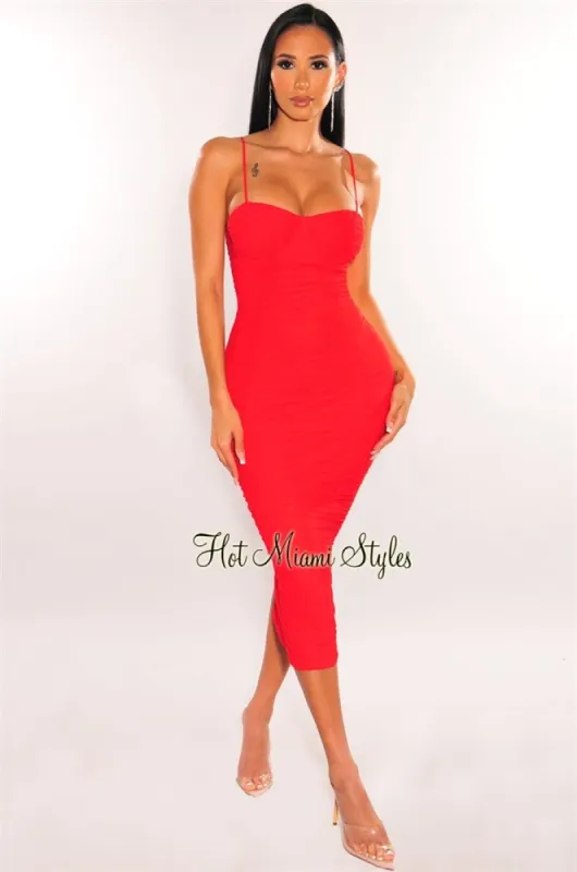 Red Mesh Padded Underwire Spaghetti Straps Ruched Midi Dress sold by Hot Miami Styles