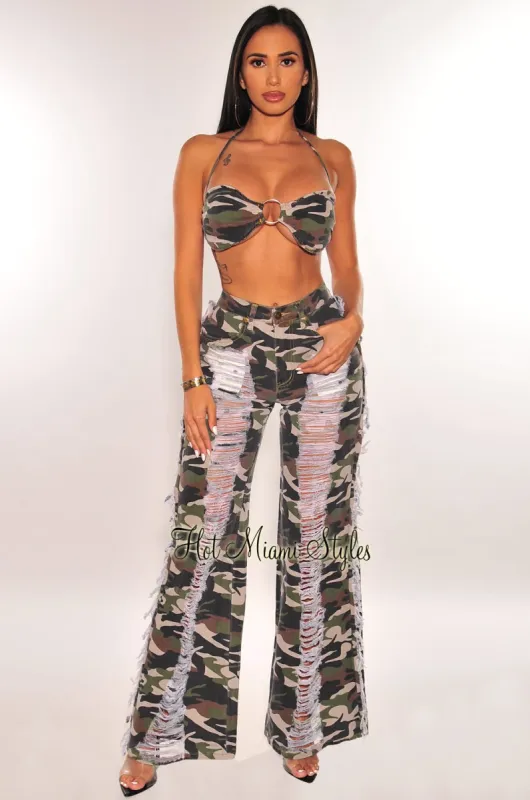 Camo Destroyed High Waist Wide Leg Jeans sold by Hot Miami Styles