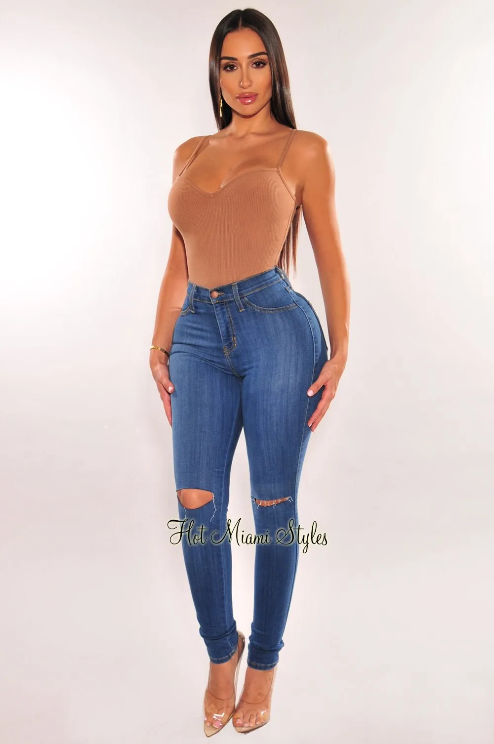 Denim Ripped Knee High-Waist Skinny Jeans sold by Hot Miami Styles