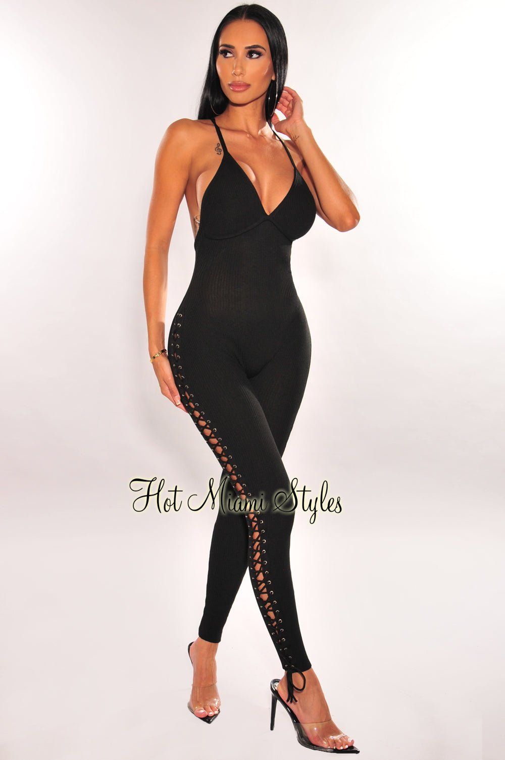 Black Ribbed Knit Criss Cross Back Lace Up Side Jumpsuit sold by Hot Miami Styles product image thumbnail 2