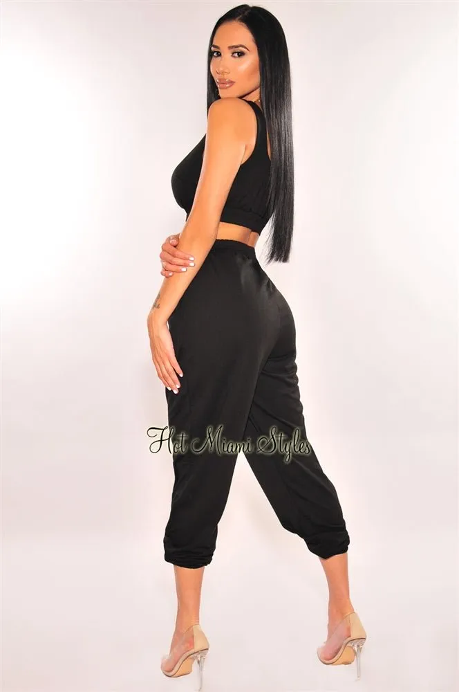 HMS Lounge: Black Cropped Tank Joggers Two Piece Set sold by Hot Miami Styles product image thumbnail 2