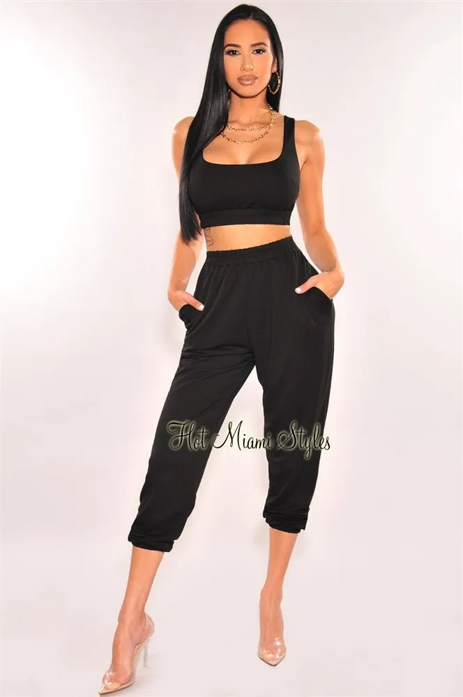 HMS Lounge: Black Cropped Tank Joggers Two Piece Set sold by Hot Miami Styles