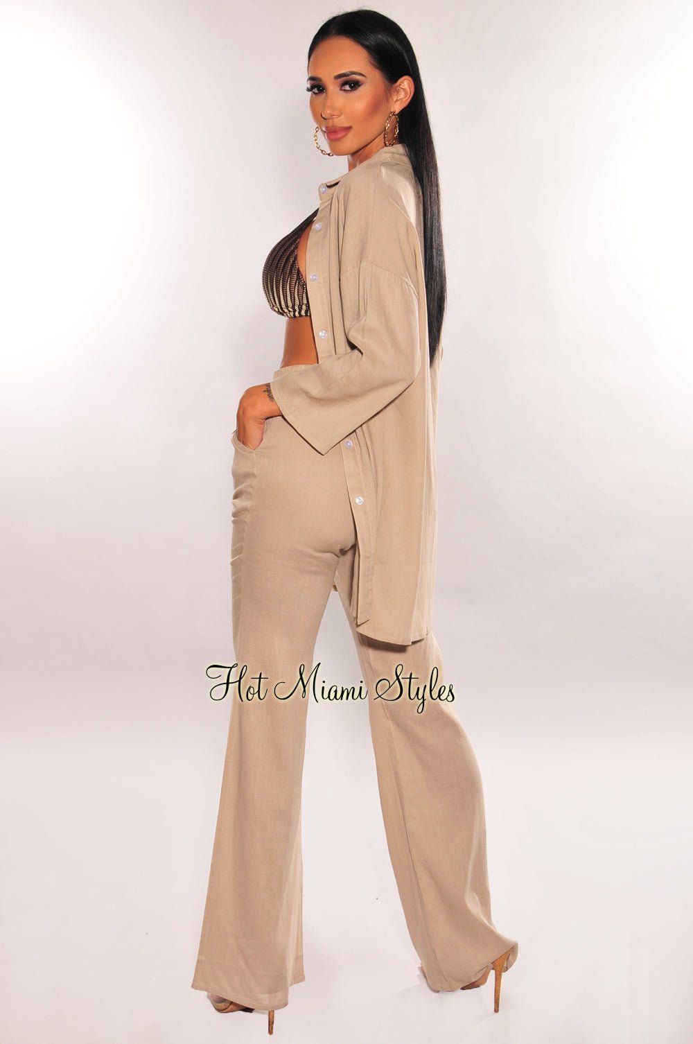Taupe Linen Collared Button Up ¾ Sleeves Palazzo Pants Two Piece Set sold by Hot Miami Styles product image thumbnail 4