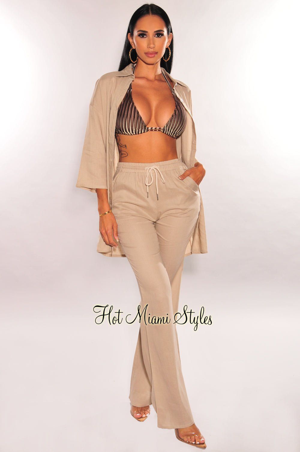Taupe Linen Collared Button Up ¾ Sleeves Palazzo Pants Two Piece Set sold by Hot Miami Styles product image thumbnail 2