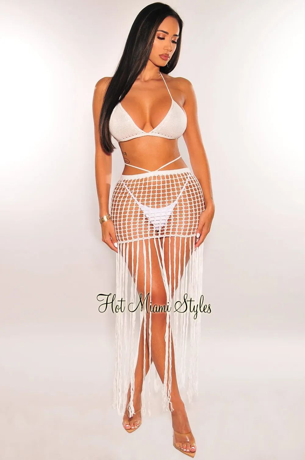 White Crochet Triangle Top Bikini Fringe Skirt Three Piece Set sold by Hot Miami Styles