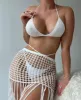 White Crochet Triangle Top Bikini Fringe Skirt Three Piece Set sold by Hot Miami Styles