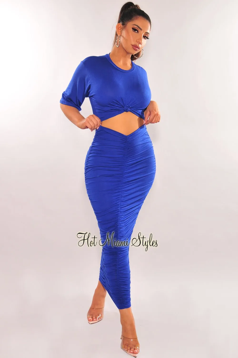 Royal Blue Short Sleeve Cut Out Ruched Maxi Dress sold by Hot Miami Styles