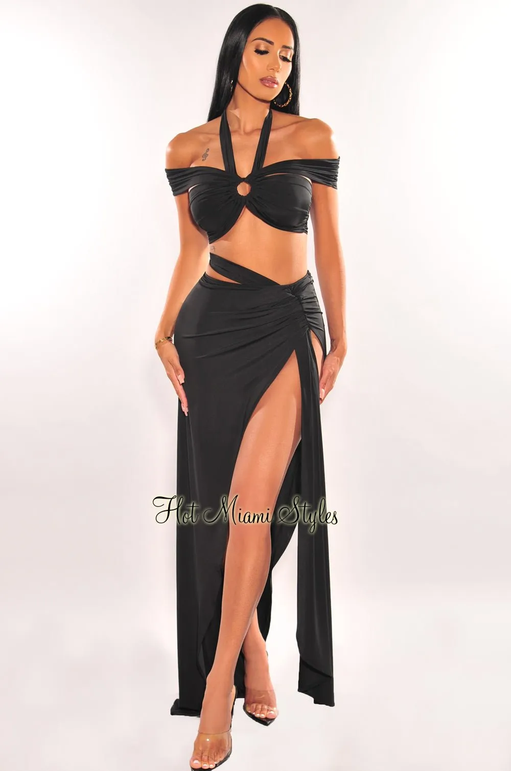 Black Halter Off Shoulder O-Ring Strap Slit Skirt Two Piece Set sold by Hot Miami Styles