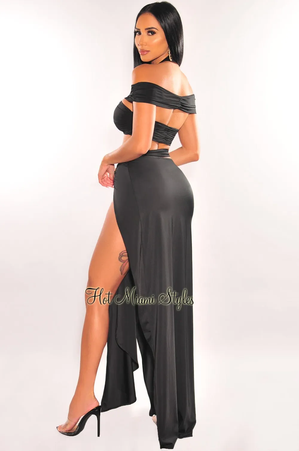 Black Halter Off Shoulder O-Ring Strap Slit Skirt Two Piece Set sold by Hot Miami Styles product image thumbnail 2