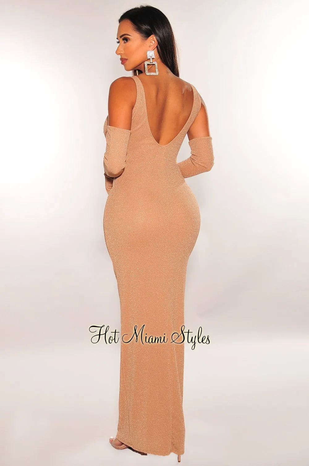 Nude Shimmery Sleeveless Scoop Back Midi Dress + Gloves sold by Hot Miami Styles product image thumbnail 2