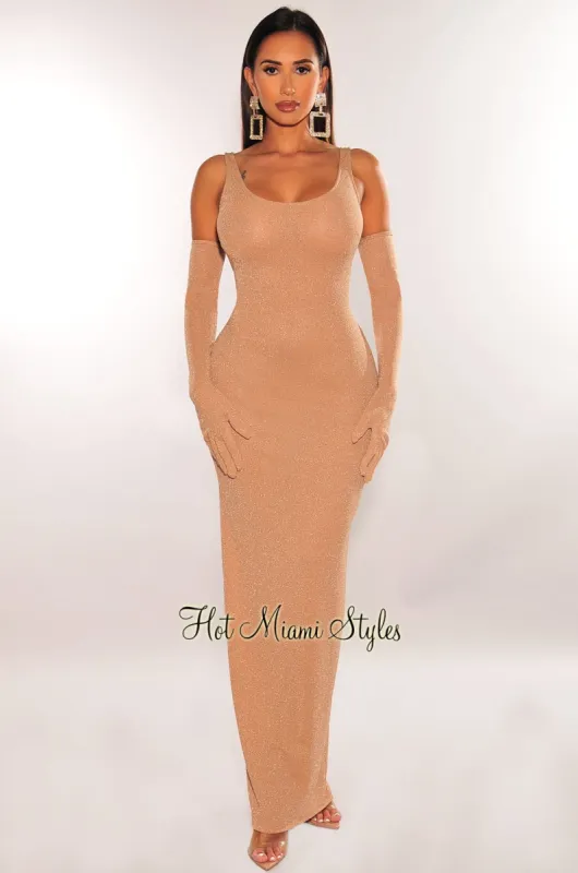 Nude Shimmery Sleeveless Scoop Back Midi Dress + Gloves sold by Hot Miami Styles