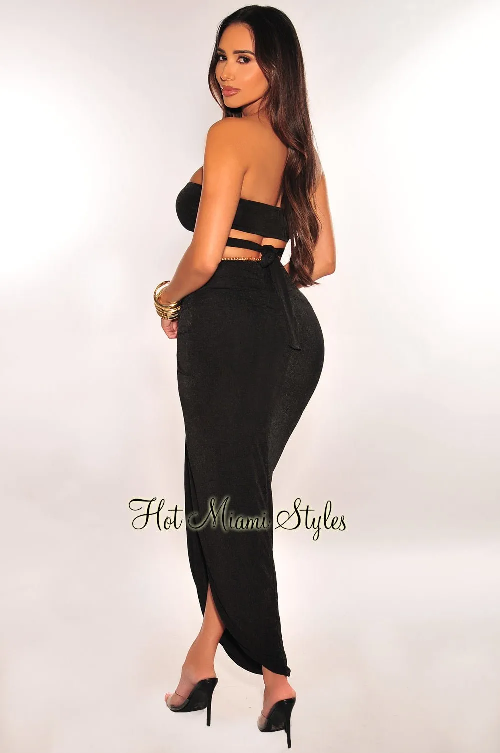 Black Strapless O-Ring Wrap Around Knotted Slit Skirt Two Piece Set sold by Hot Miami Styles product image thumbnail 2