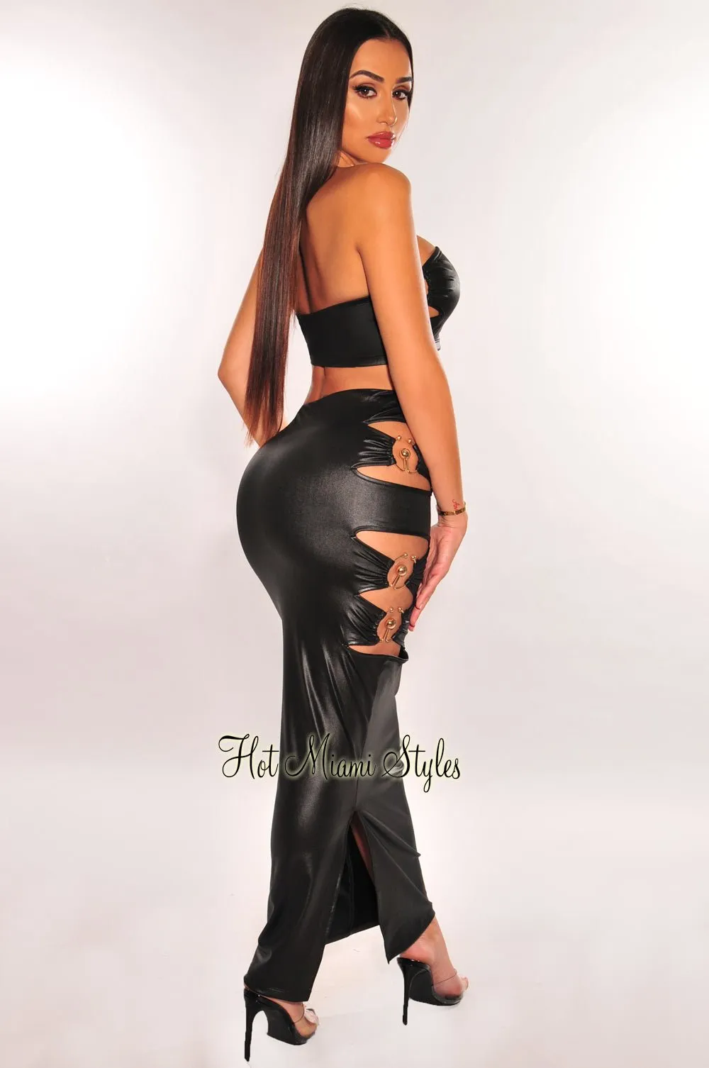 Black Faux Leather Bandeau Gold Ring Cut Out Slit Skirt Two Piece Set sold by Hot Miami Styles product image thumbnail 2