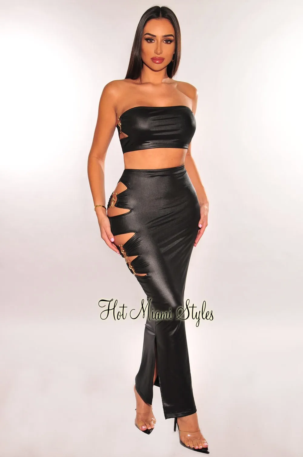 Black Faux Leather Bandeau Gold Ring Cut Out Slit Skirt Two Piece Set sold by Hot Miami Styles