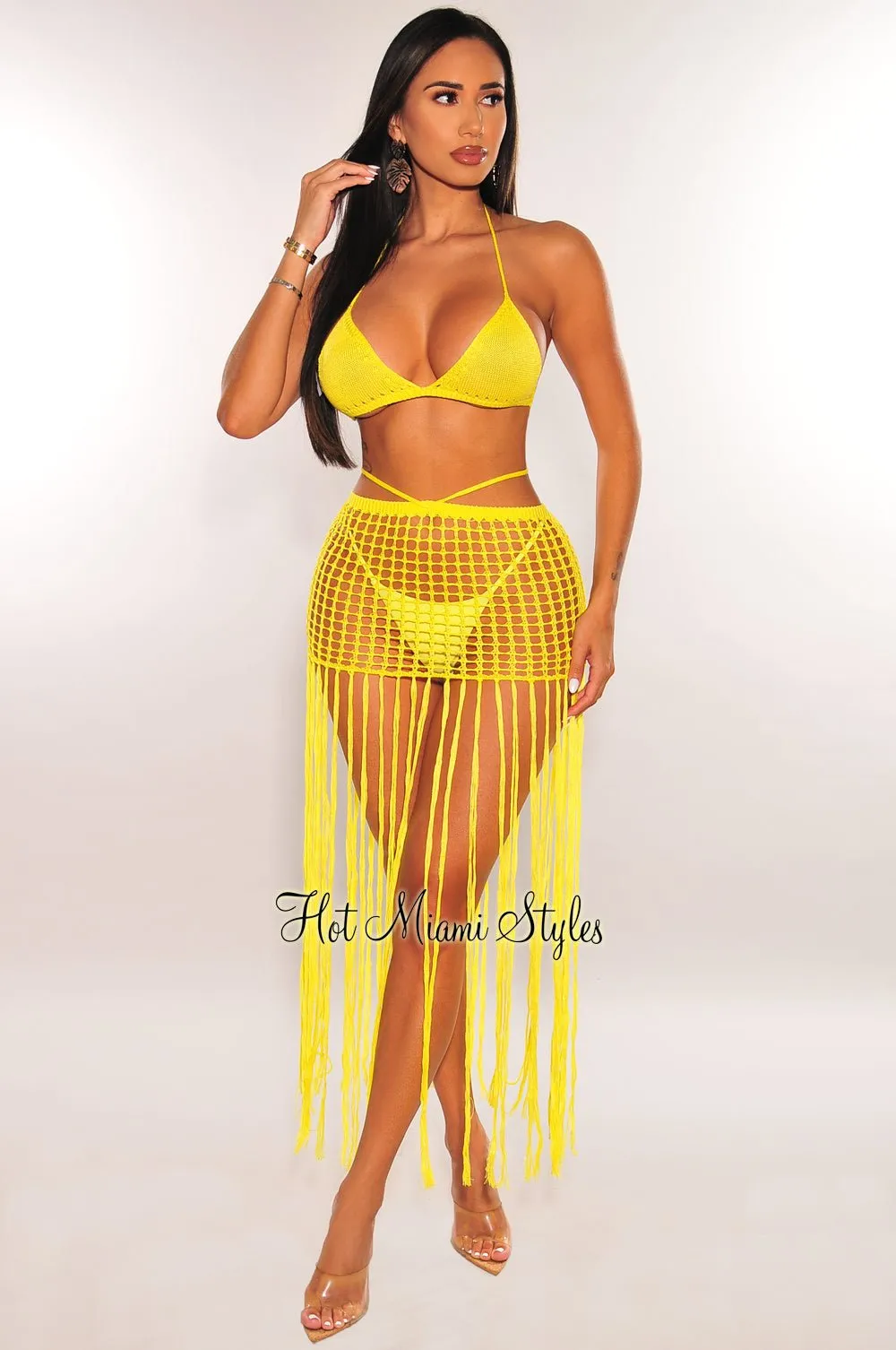 Neon Yellow Crochet Triangle Top Bikini Fringe Skirt Three Piece Set sold by Hot Miami Styles