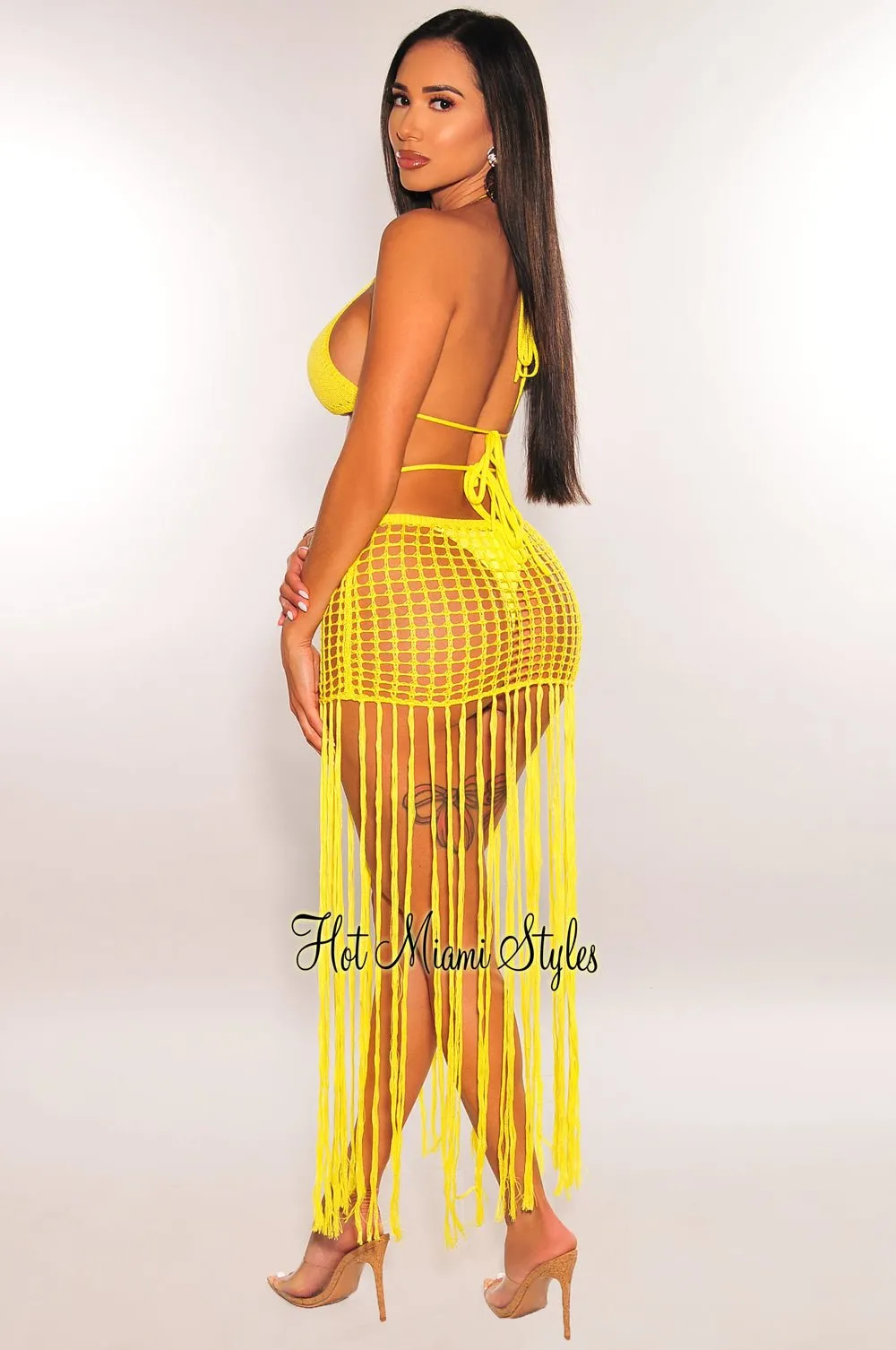 Neon Yellow Crochet Triangle Top Bikini Fringe Skirt Three Piece Set sold by Hot Miami Styles product image thumbnail 2