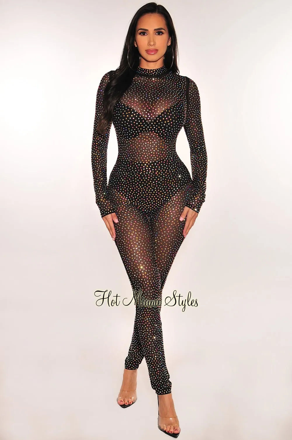 Black Mesh Rainbow Iridescent Rhinestone Studded Jumpsuit sold by Hot Miami Styles