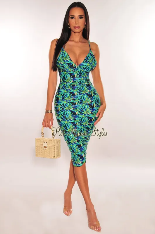 Tropical Print V Neck Spaghetti Straps Ruched Dress sold by Hot Miami Styles