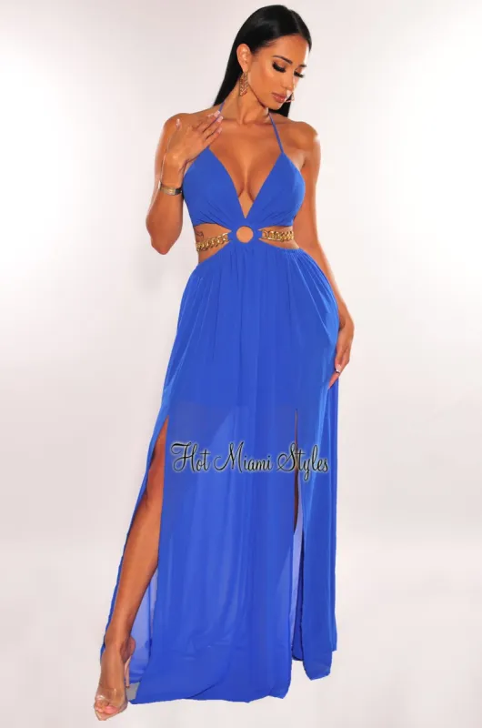 Royal Blue Gold Chain Halter O Ring Cut Out Double Slit Maxi Dress sold by Hot Miami Styles