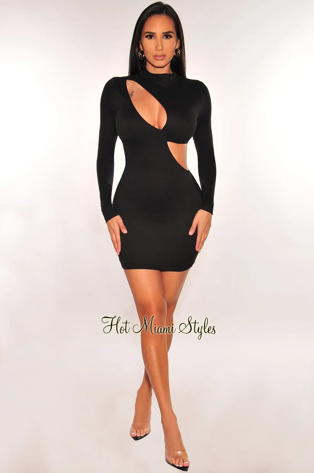 Black Mock Neck Cut Out Long Sleeve Mini Dress sold by Hot Miami Styles product image thumbnail 3
