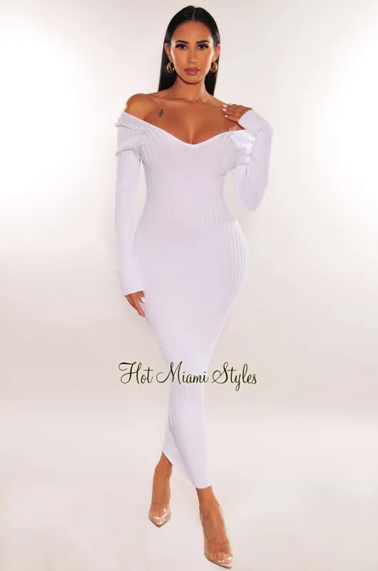 White Ribbed Knit Long Sleeves Dress sold by Hot Miami Styles