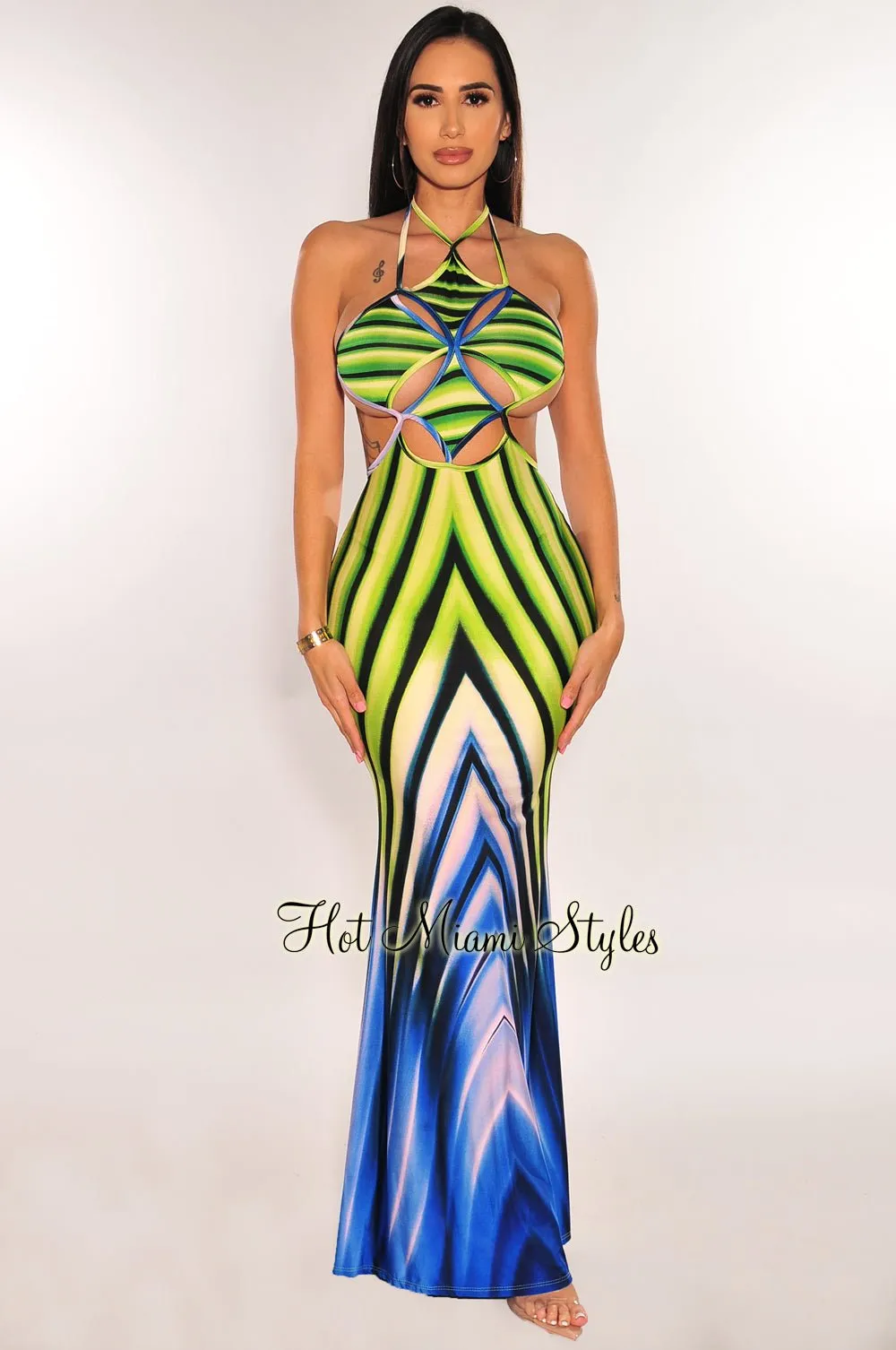 Lime Green Blue Print Halter Cut Out Tie Up Back Maxi Dress sold by Hot Miami Styles