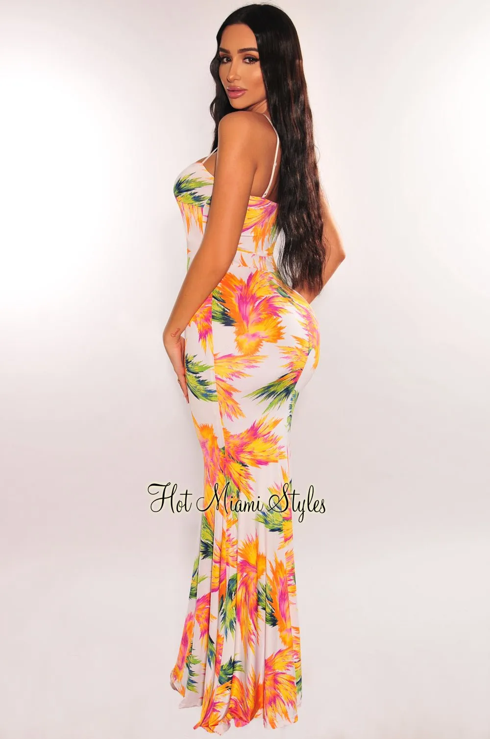 White Multicolor Tropical Print Spaghetti Strap Knotted Cut Out Mermaid Dress sold by Hot Miami Styles product image thumbnail 2