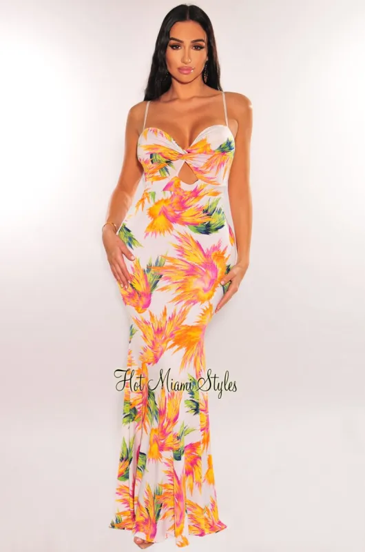 White Multicolor Tropical Print Spaghetti Strap Knotted Cut Out Mermaid Dress sold by Hot Miami Styles