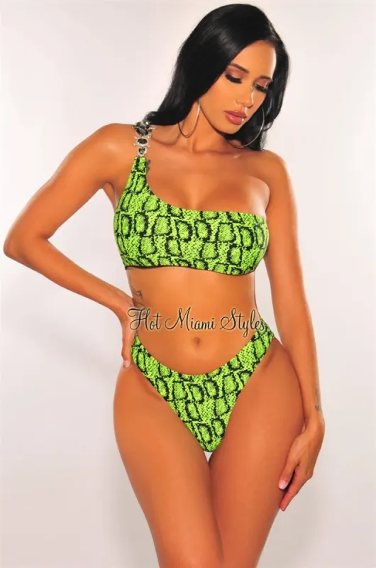 Neon Lime Snake Print One Shoulder Jeweled Scrunch Butt Bikini Top sold by Hot Miami Styles