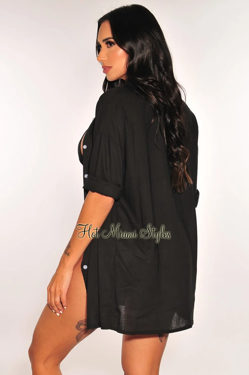 Black Collared Button Up ¾ Sleeves Cover Up Shirt sold by Hot Miami Styles product image thumbnail 2