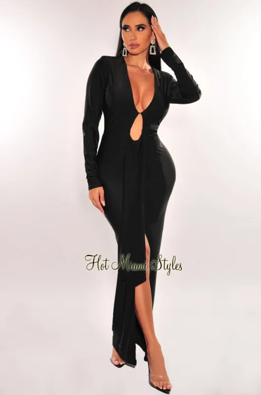 Black Silky Plunge V Neck Ruffle Sleeve Maxi Dress sold by Hot Miami Styles