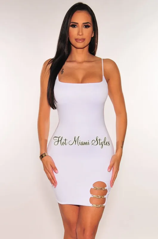 White Spaghetti Straps Gold Chain Mini Dress sold by Hot Miami Styles