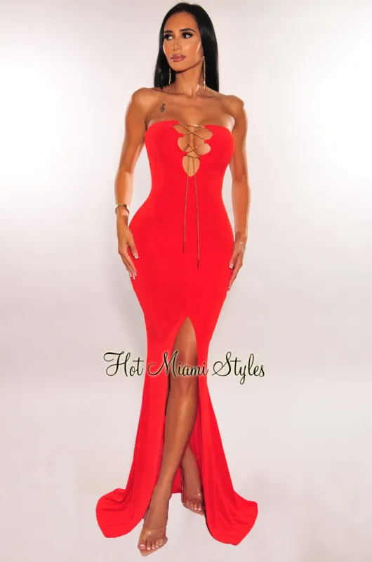 Red Ribbed Strapless Gold Chain Lace Up Slit Gown sold by Hot Miami Styles