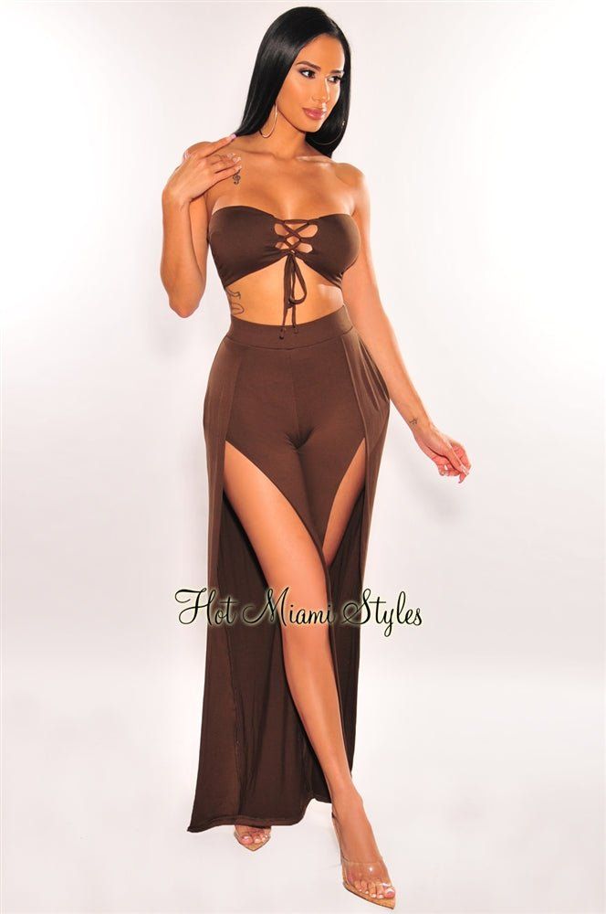Chocolate Bandeau Lace Up Slit Palazzo Pants Two Piece Set sold by Hot Miami Styles