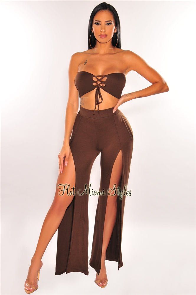 Chocolate Bandeau Lace Up Slit Palazzo Pants Two Piece Set sold by Hot Miami Styles product image thumbnail 2