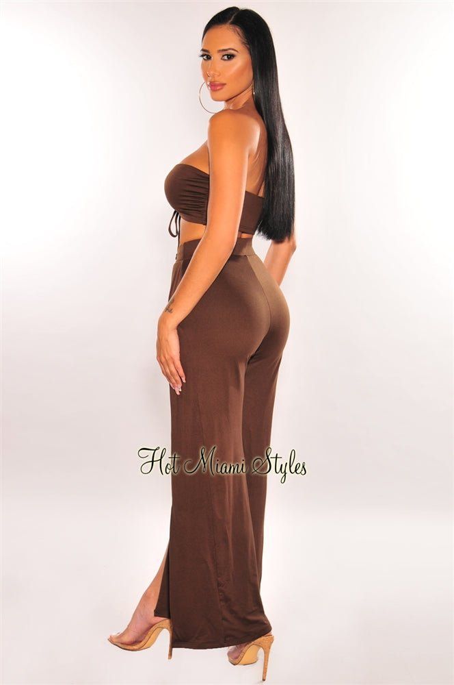 Chocolate Bandeau Lace Up Slit Palazzo Pants Two Piece Set sold by Hot Miami Styles product image thumbnail 3