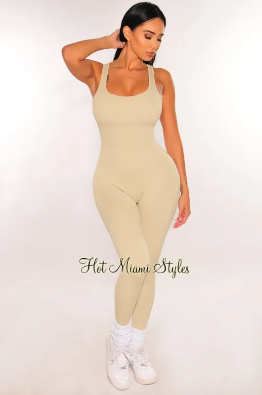 HMS Fit: Nude Seamless Ribbed Tank Padded Snatched Jumpsuit sold by Hot Miami Styles