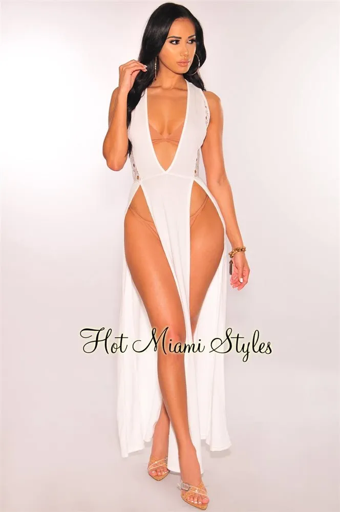 White Crochet Double Slit Cover Up Maxi Dress sold by Hot Miami Styles product image thumbnail 3