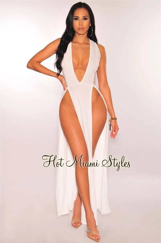 White Crochet Double Slit Cover Up Maxi Dress sold by Hot Miami Styles