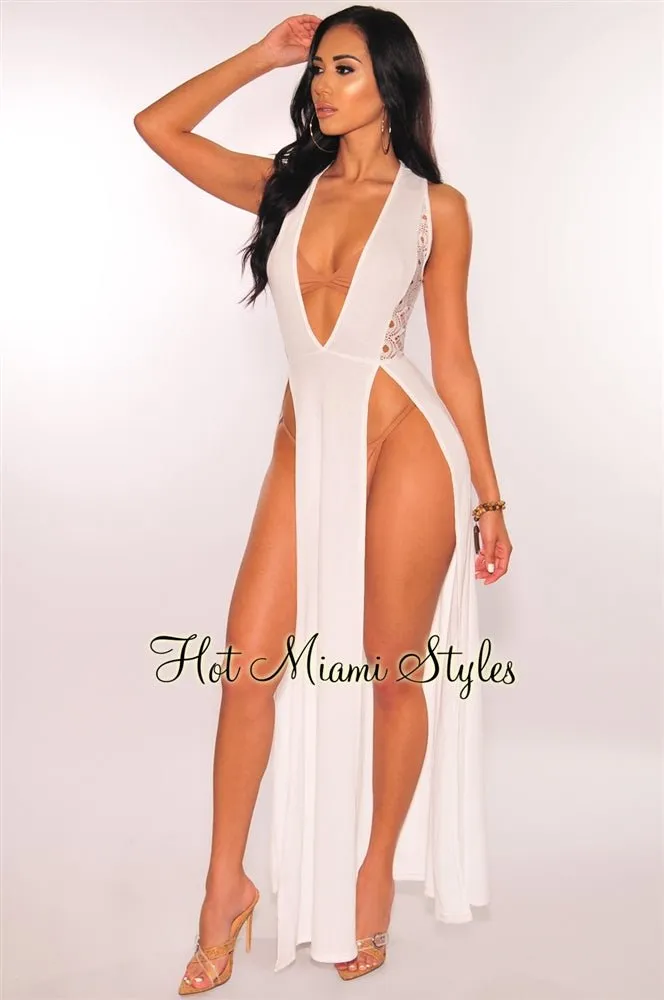 White Crochet Double Slit Cover Up Maxi Dress sold by Hot Miami Styles product image thumbnail 2