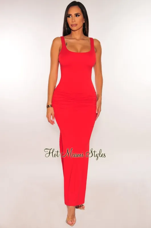 Red Ruched Sides Slit Maxi Dress sold by Hot Miami Styles
