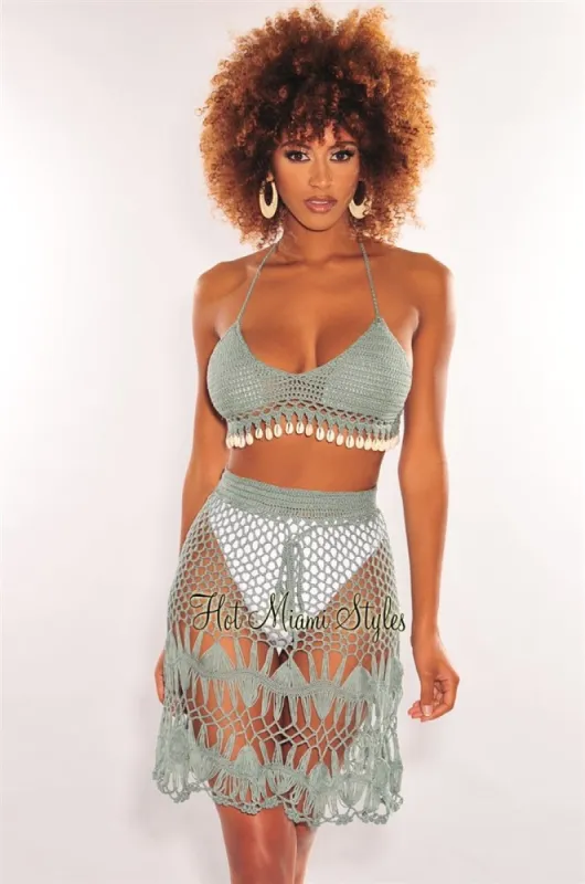 Sage Crochet Halter Cowrie Shells Skirt Two Piece Set Cover Up sold by Hot Miami Styles