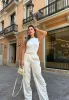 Ivory Satin High Waist Wide Leg Cargo Pants sold by Hot Miami Styles