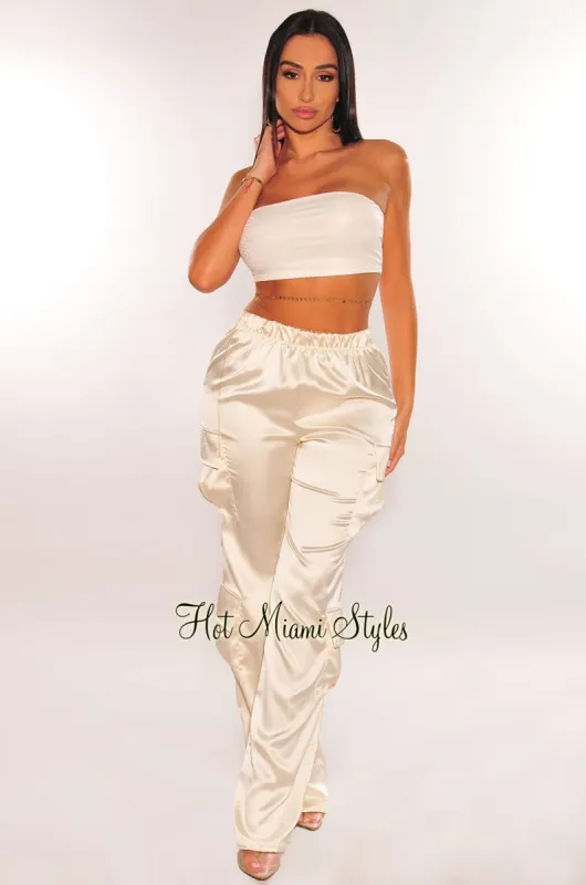 Ivory Satin High Waist Wide Leg Cargo Pants sold by Hot Miami Styles