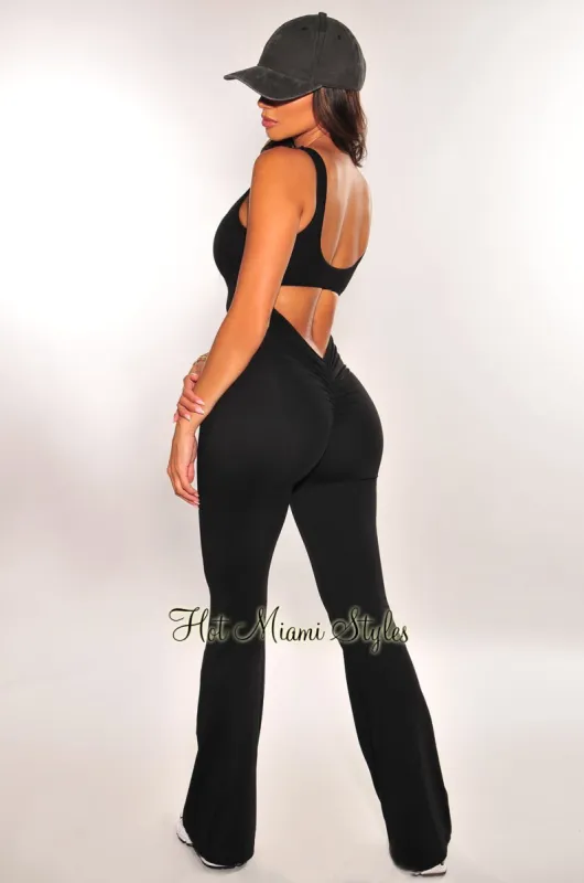 HMS Fit: Black Padded Open Back Ruched Butt Flared Jumpsuit sold by Hot Miami Styles